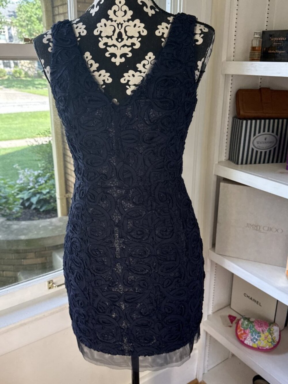 BCBG NAVY blue Chiffon Lace Mini Dress Sz 6P